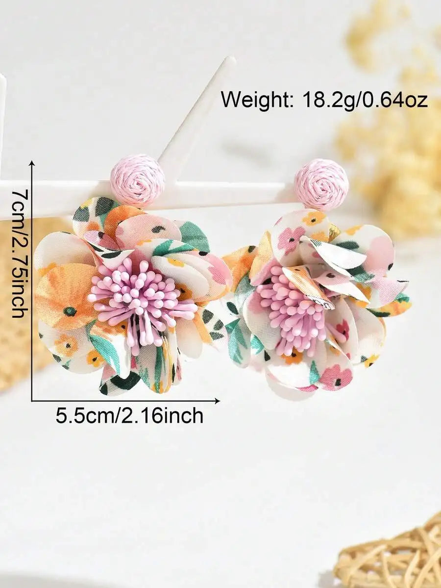 Floral Double Layer Stud Earrings Fabric Flower Design Beach Wear