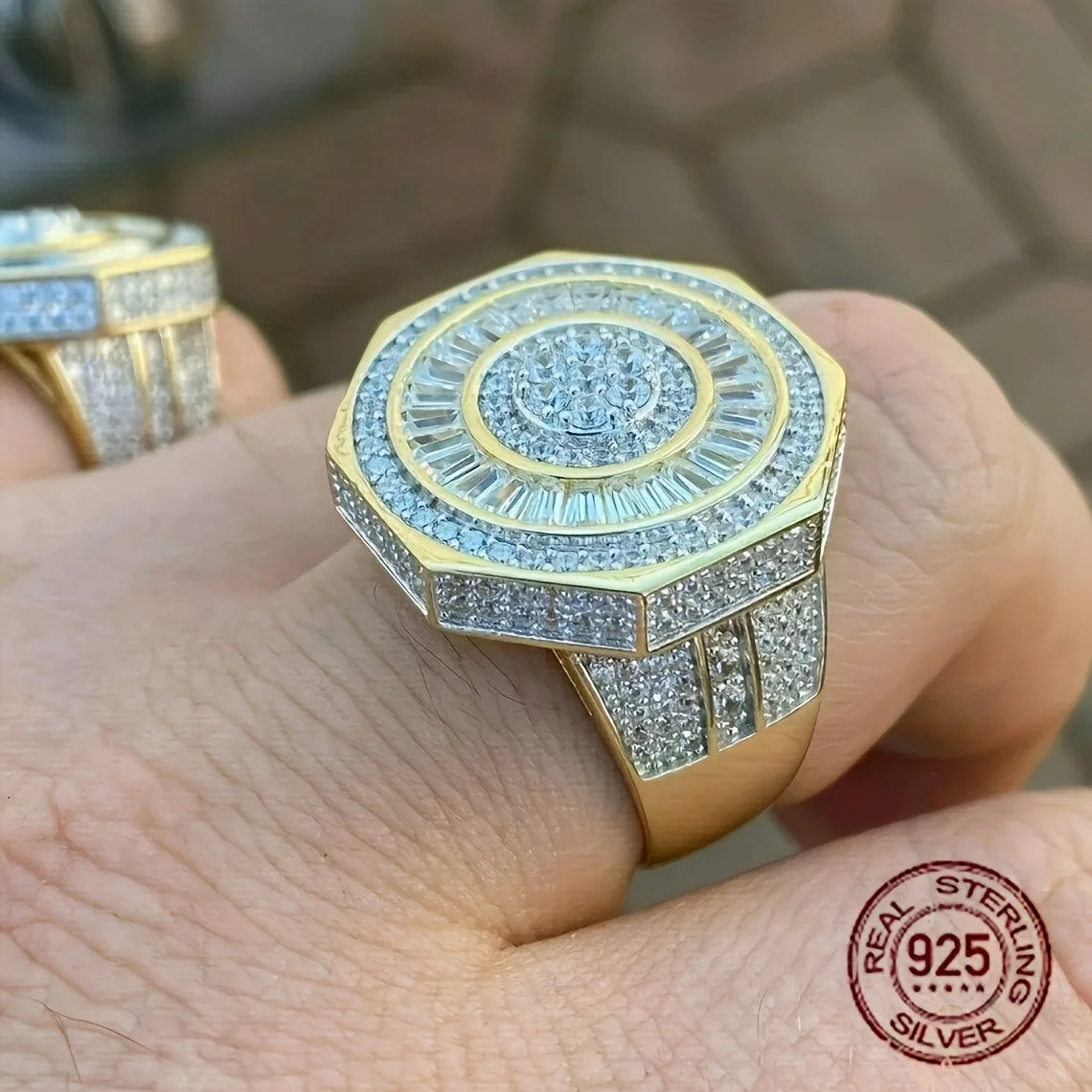 Men's Sterling Silver Octagon Hip Hop Ring Baguette