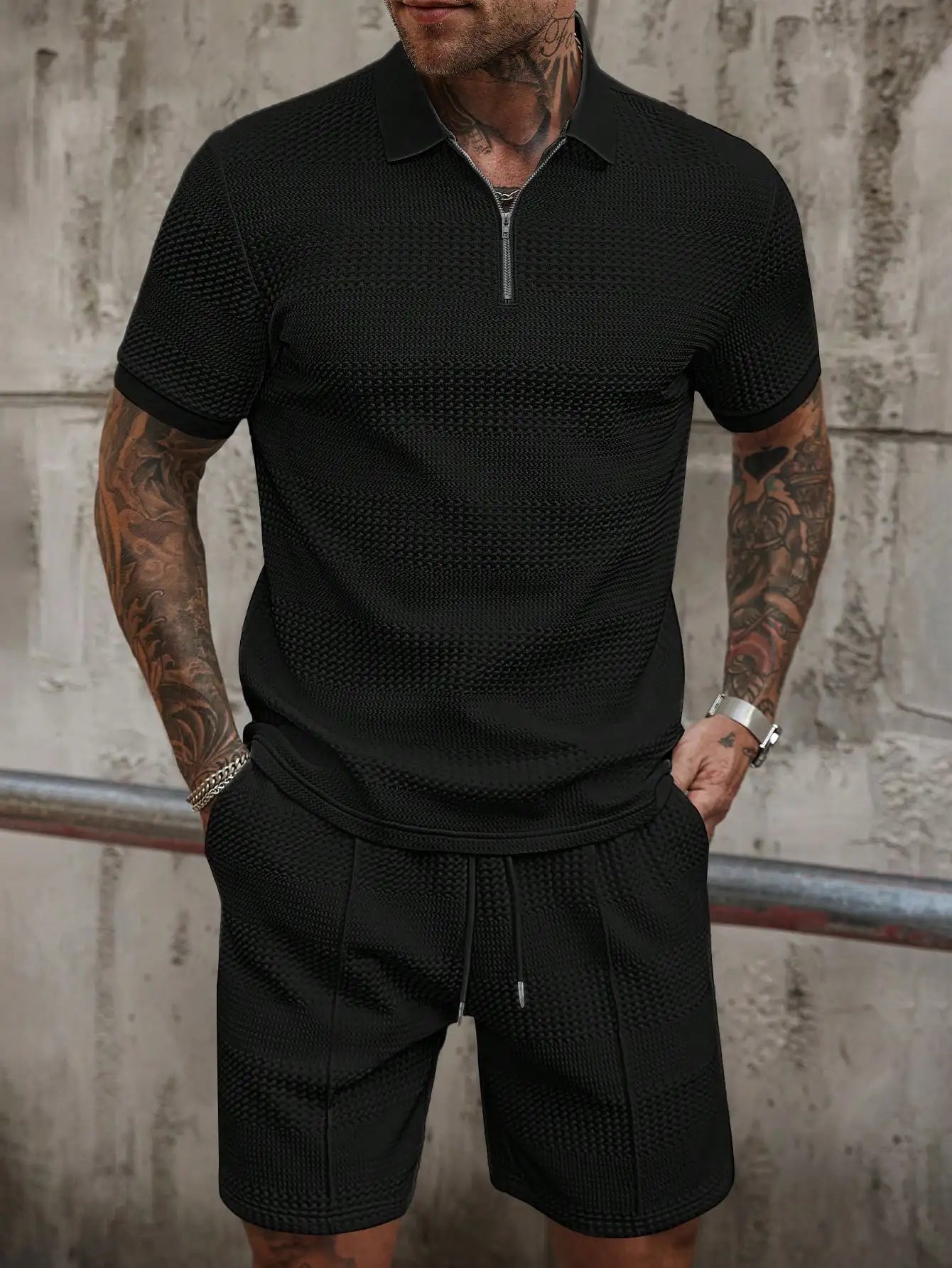Mens Textured Half Zip Polo Shirt And Shorts Set Summer