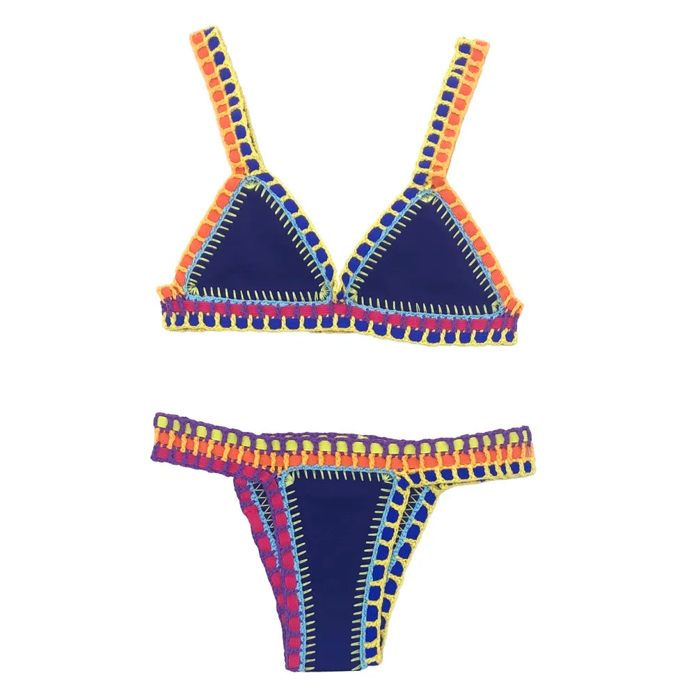 Women Patchwork Two Piece Crochet Knit Bikini Set Swimwear