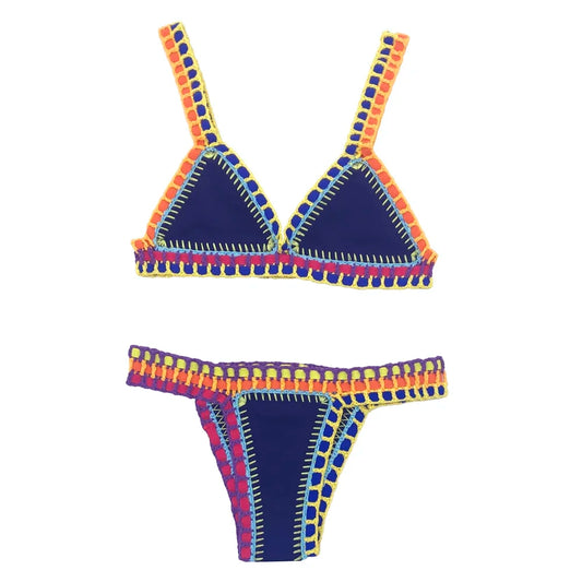 Women Patchwork Two Piece Crochet Knit Bikini Set Swimwear