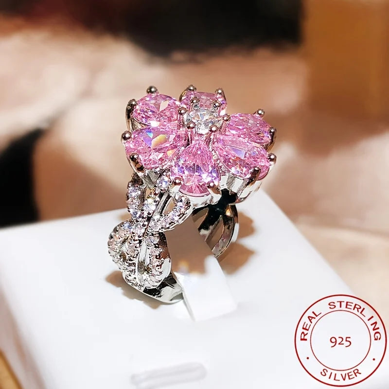 Sterling Silver Ring For Women Zirconia Pink Flower