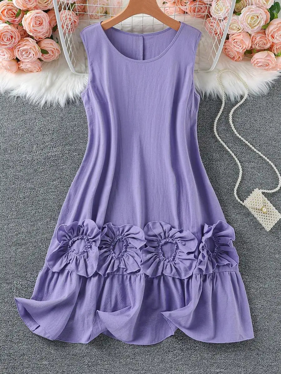 Sleeveless Round Neck Cotton Dress With 3D Floral Ruffles
