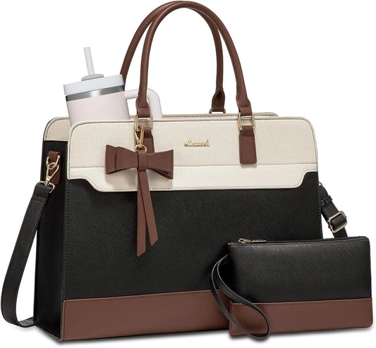 Waterproof PU Leather Laptop Tote for Women with Adjustable Strap