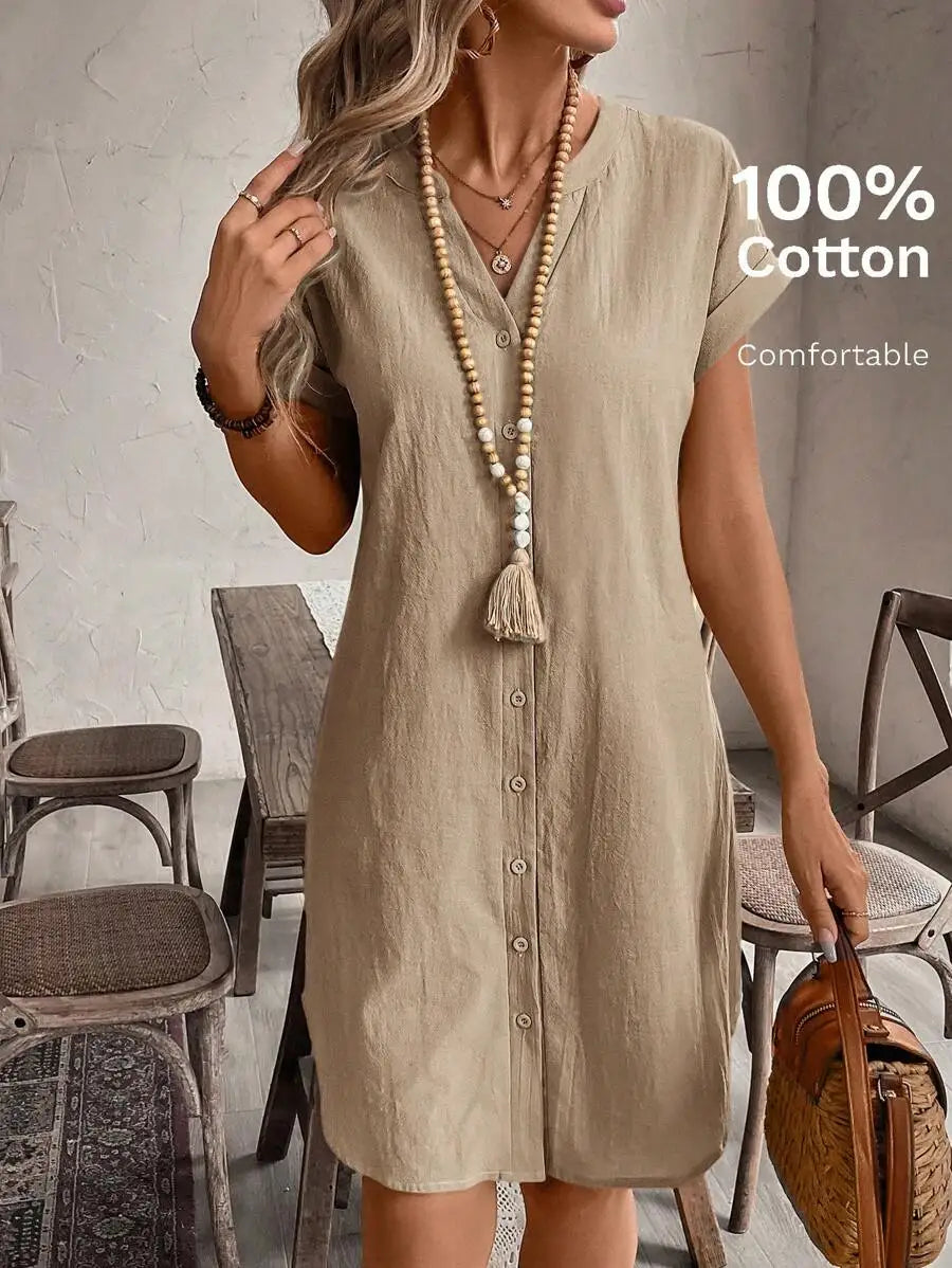 Women's Button Front Short Sleeve Mini Dress 100 Percent Cotton