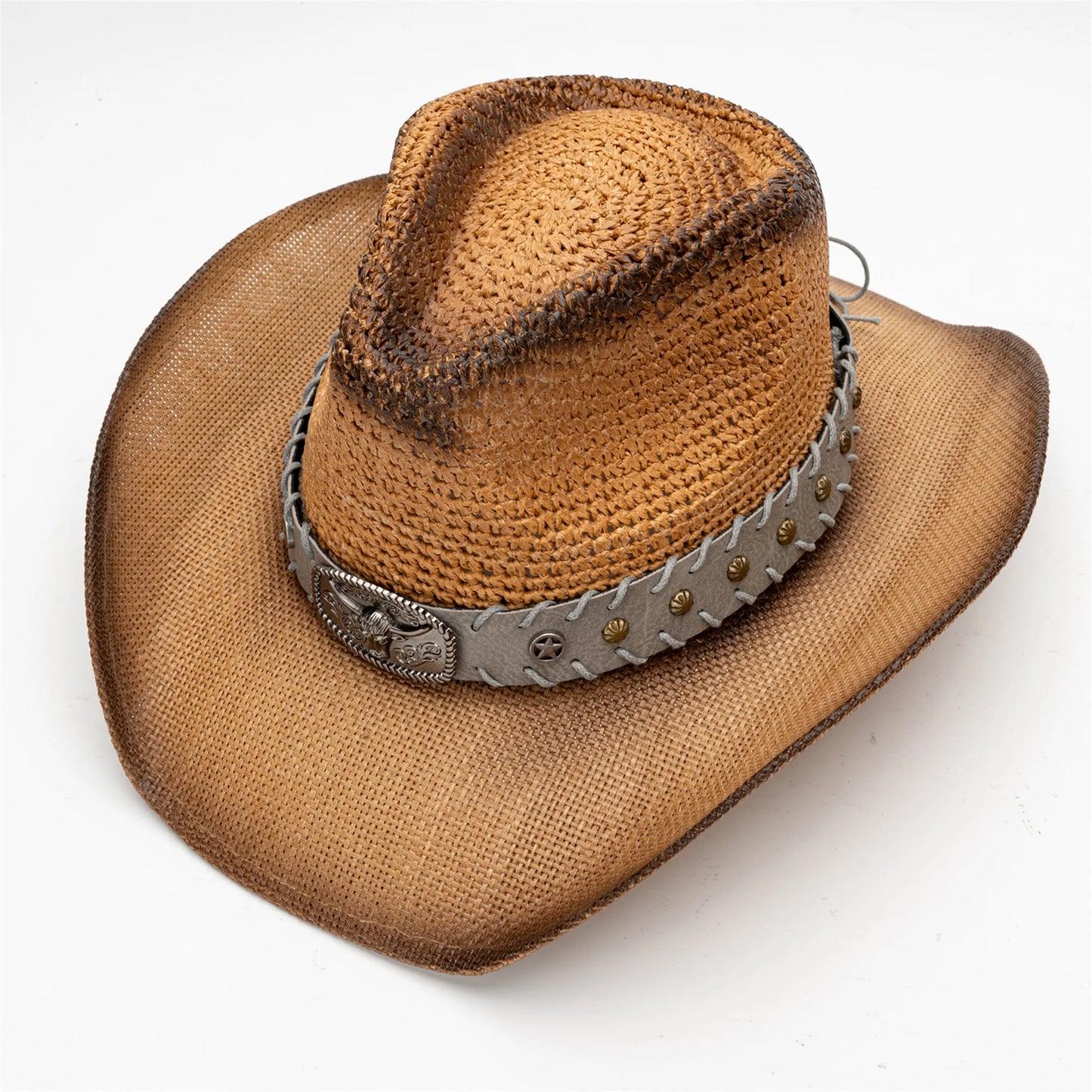 Breathable Wide Brim Straw Sun Hat Bull Head Belt Western