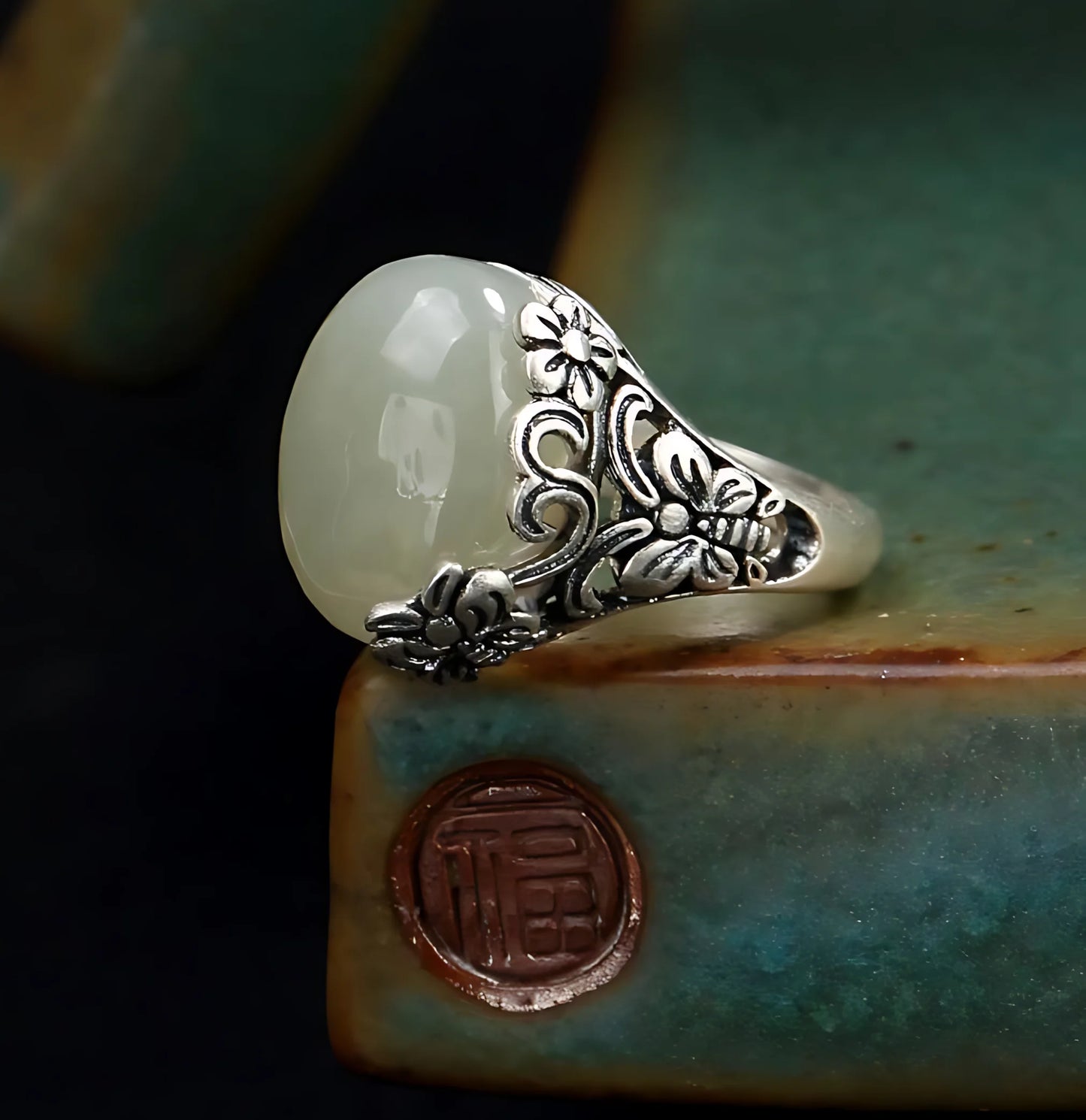 Sterling Silver Hotan Jade Geometric Ring For Women