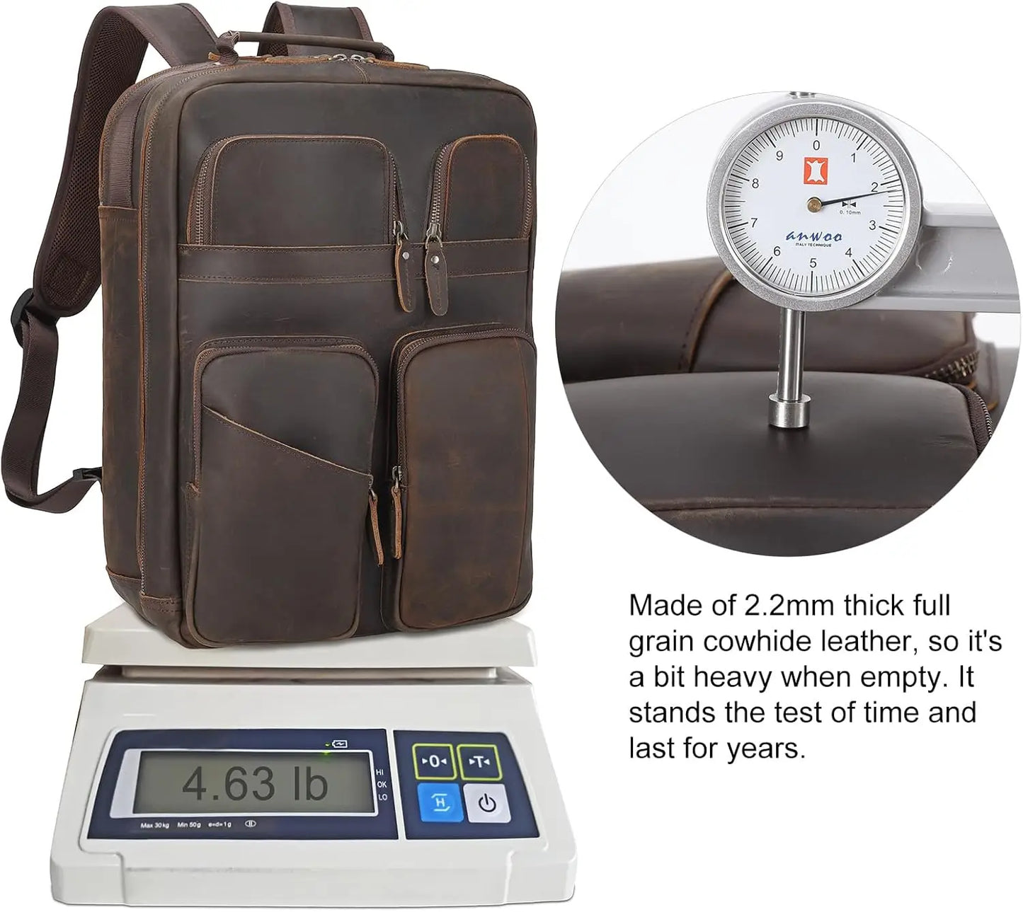 Full Grain Leather Laptop Backpack For Men With Multiple Pockets
