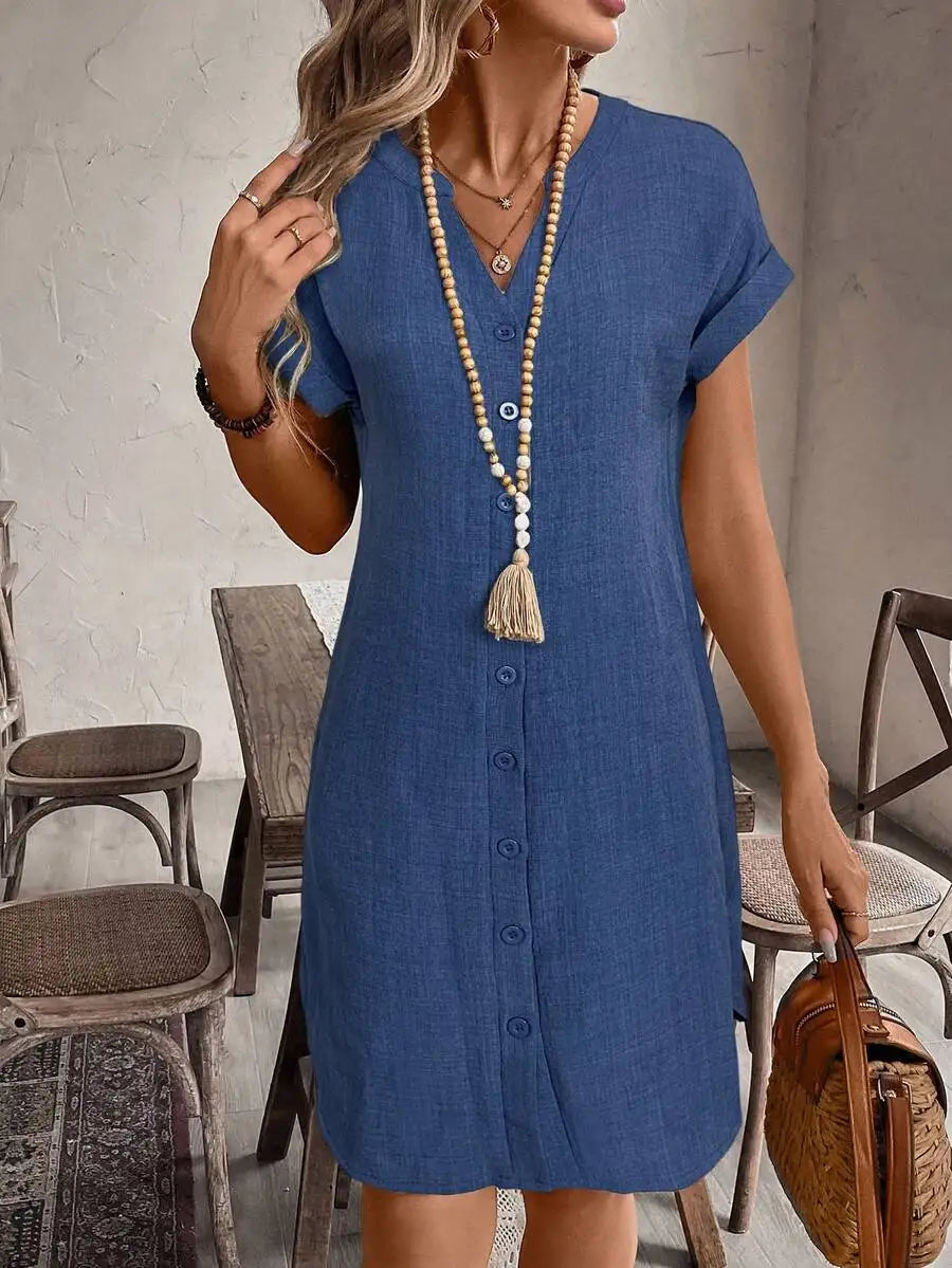 Women's Button Front Short Sleeve Mini Dress 100 Percent Cotton