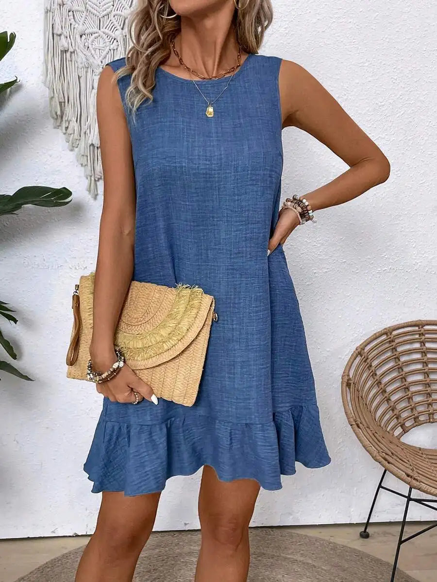 Solid Sleeveless Round Neck Dress With Ruffled Hem