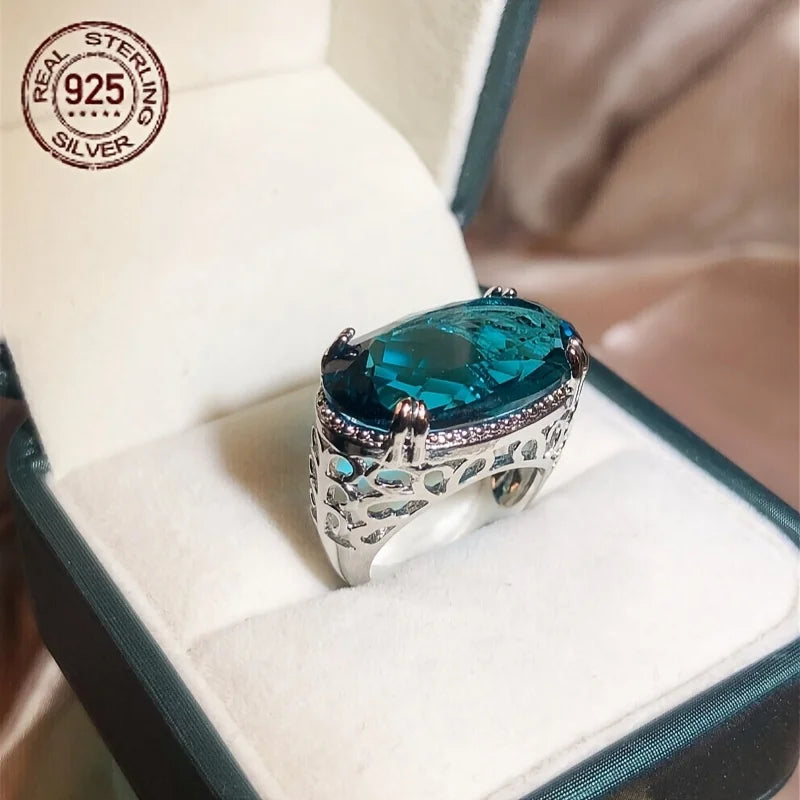 Zircon Ring 925 Silver Hollow Oval Design