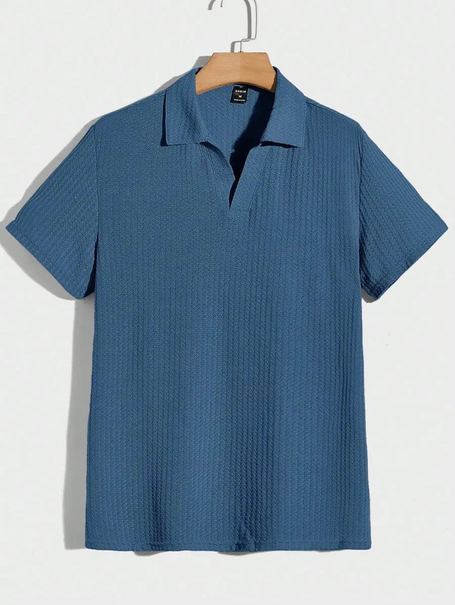 Mens Solid Waffle Knit Short Sleeve Polo Shirt Regular Fit