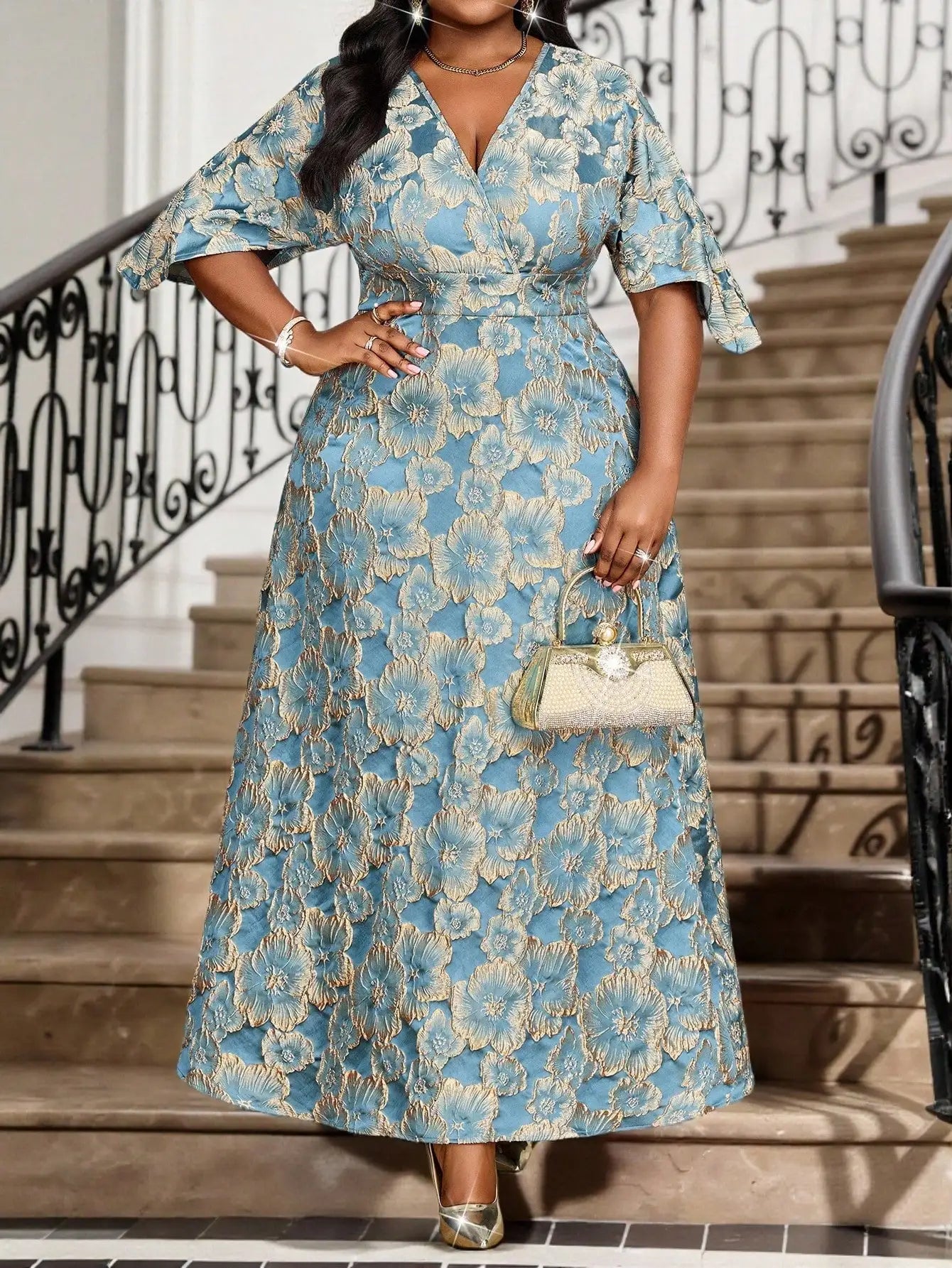 V-Neck Floral Embroidered Midi Dress for Party and Christmas