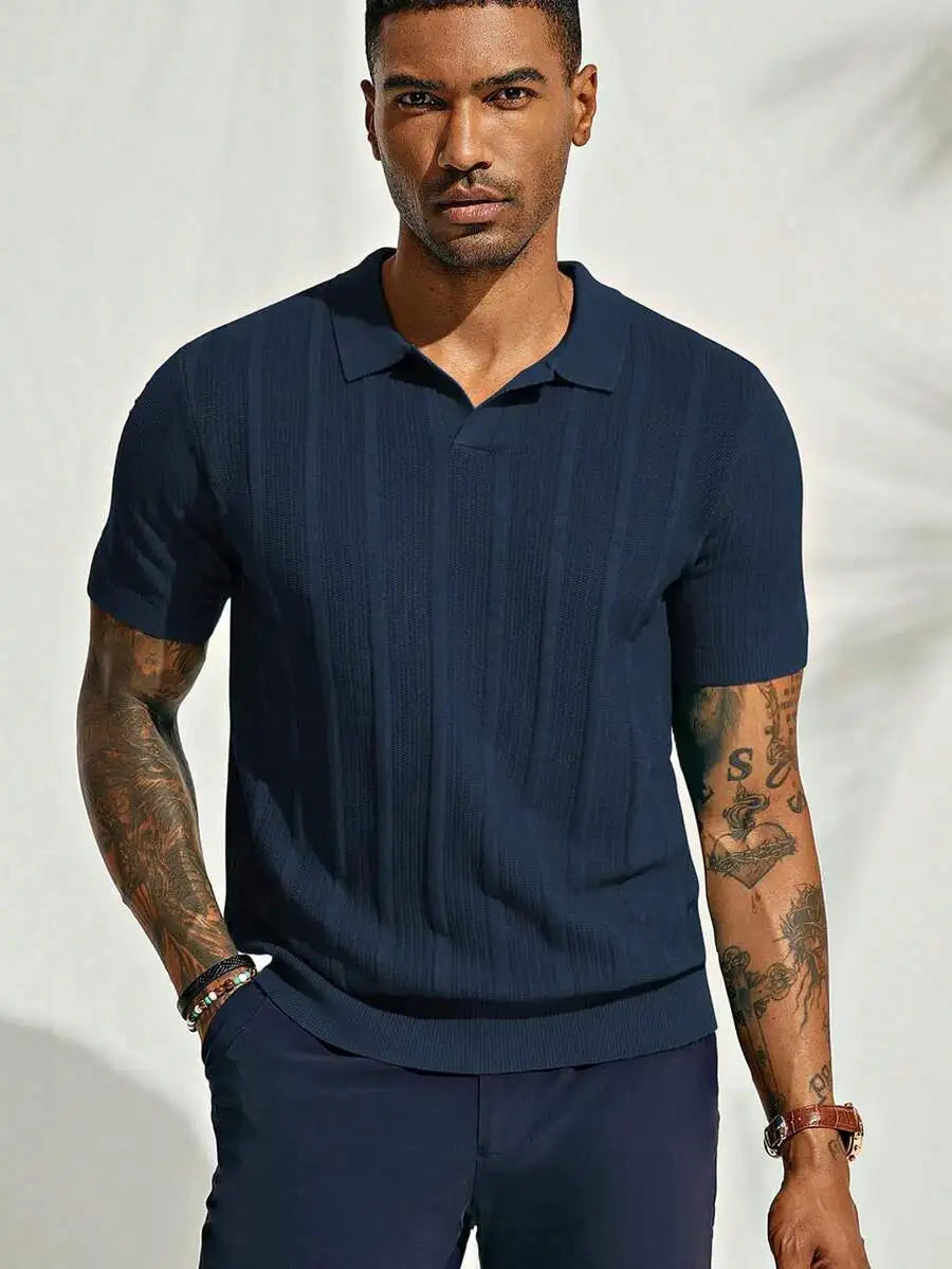 Men's Short-Sleeve Knitted Polo Shirt With Vertical Ribbed Texture