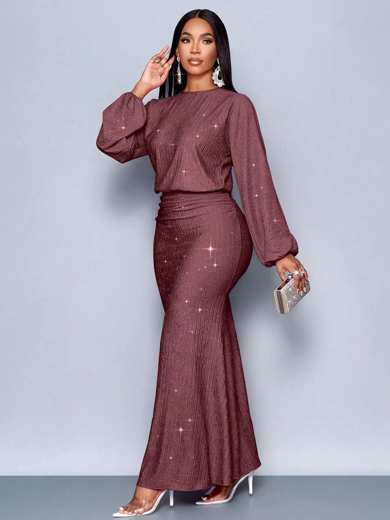 Mermaid Hem Bodycon Maxi Dress With Sequins And Puff Sleeves
