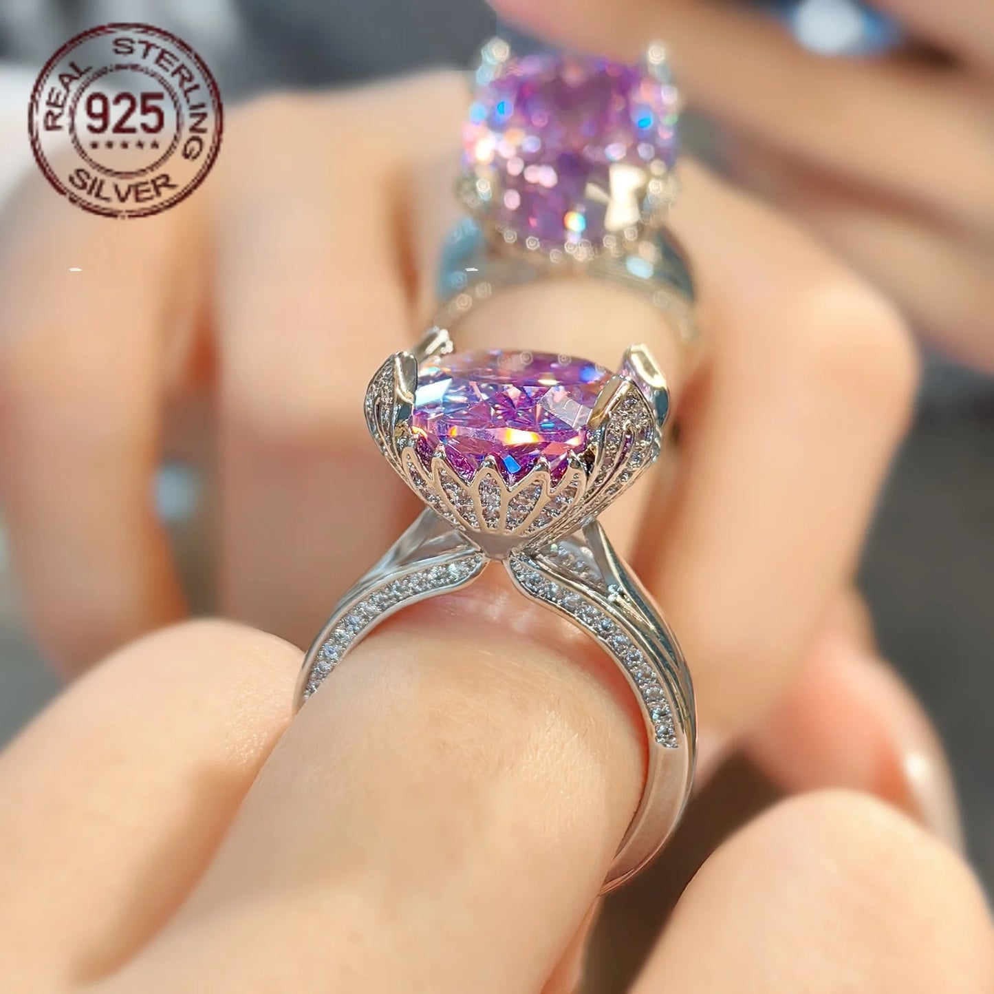 Sterling Silver Zircon Ring Oval Cut Prong Set