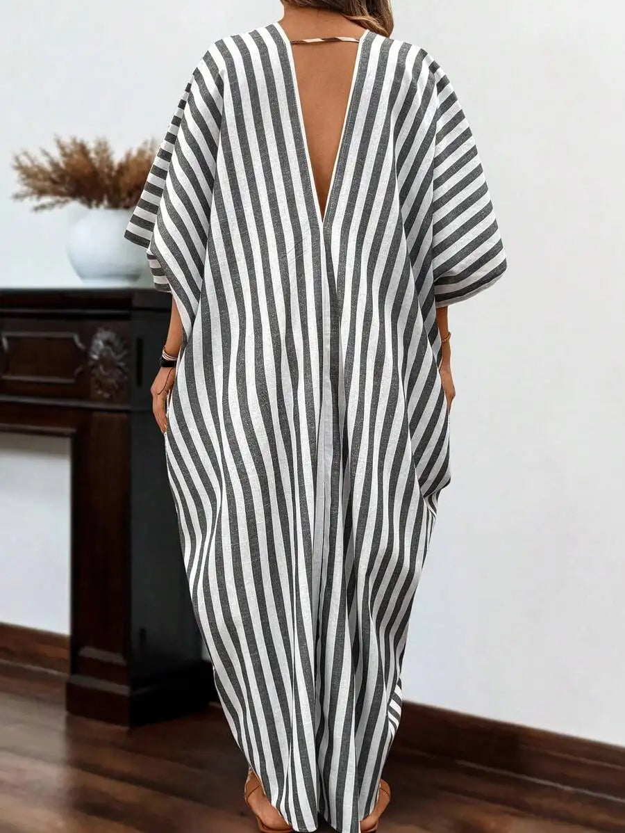 Loose Striped Linen V-Neck Batwing Sleeve Maxi Dress