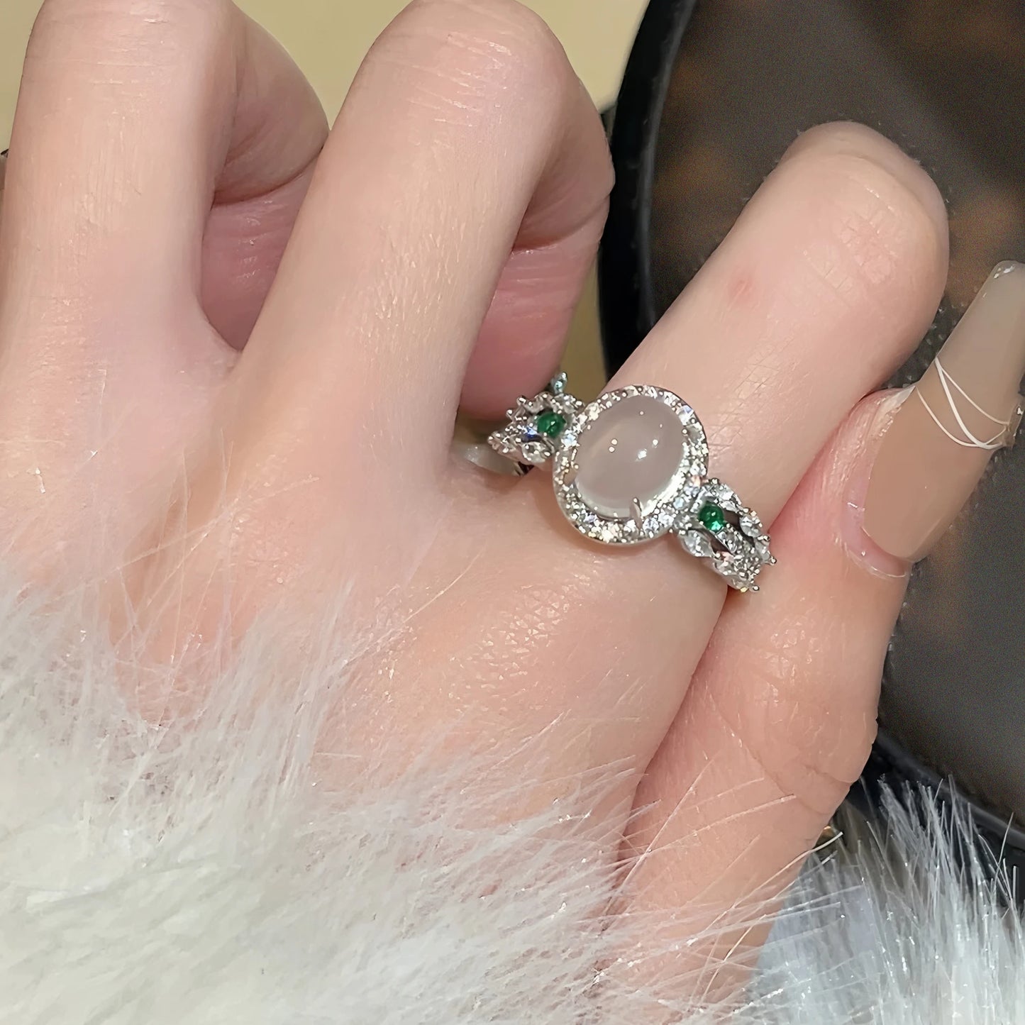 Sterling Silver Hotan Jade Geometric Ring For Women