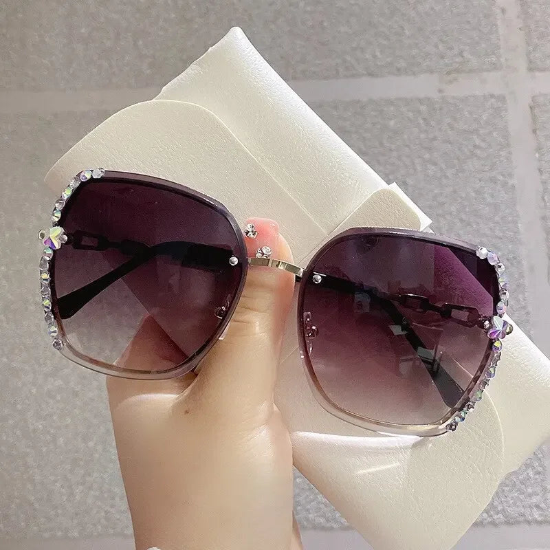 Rhinestone Rimless Fashion Sunglasses Women Men Gradient UV400 Protection