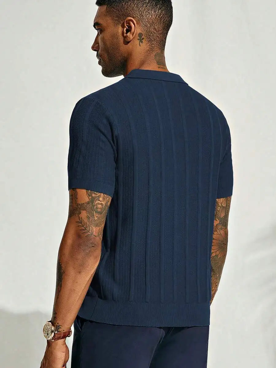 Men's Short-Sleeve Knitted Polo Shirt With Vertical Ribbed Texture