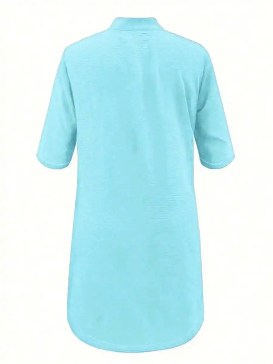 Button-Down Midi Dress With Mandarin Collar And Short Sleeves