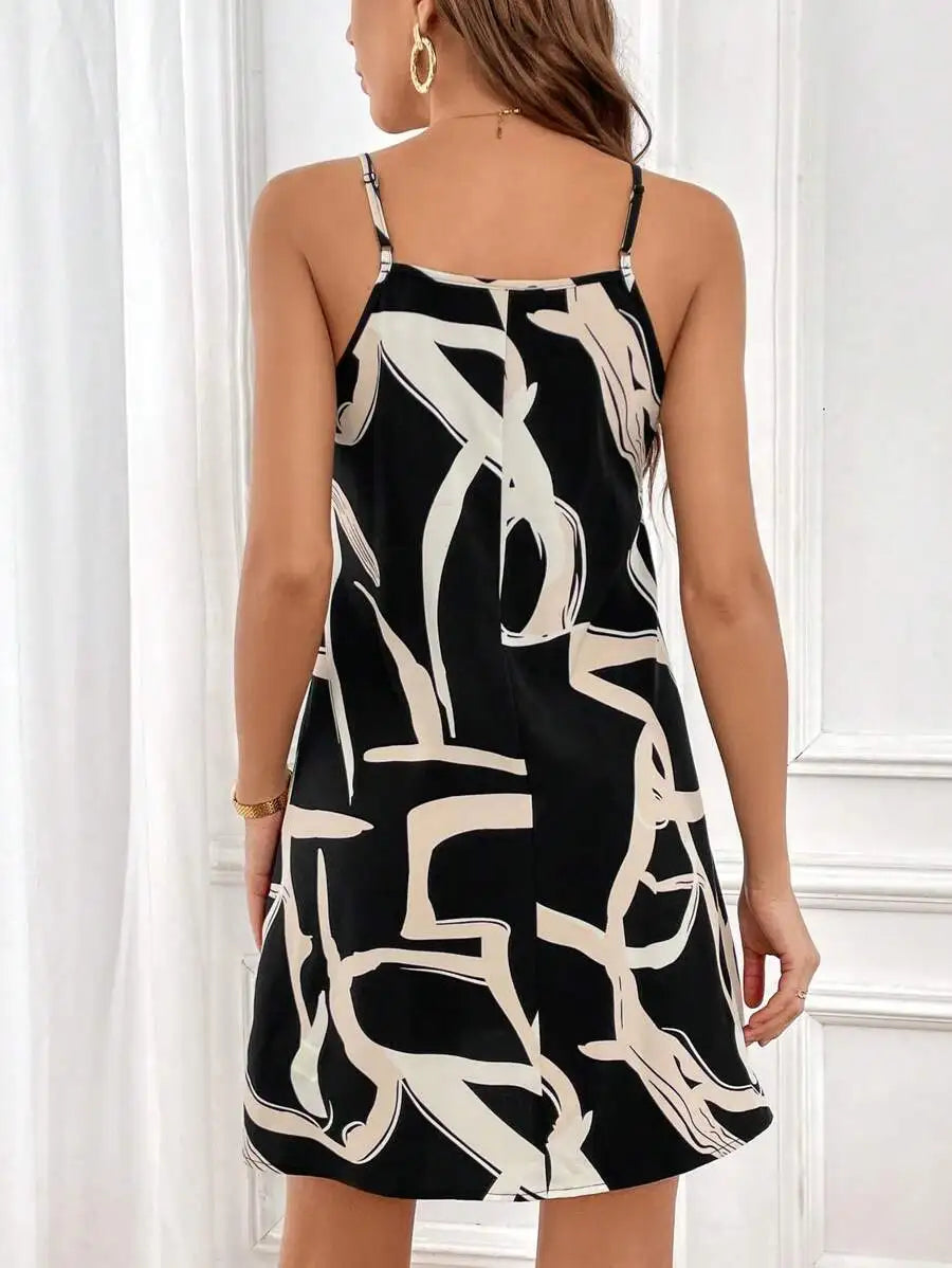 Womens Loose VNeck Spaghetti Strap Dress With Abstract Print
