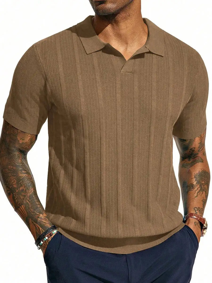 Men's Short-Sleeve Knitted Polo Shirt With Vertical Ribbed Texture