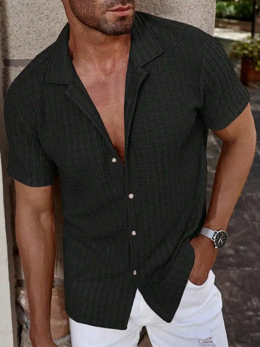 Men's Casual Short Sleeve Button-Down Shirt With Eyelet Texture