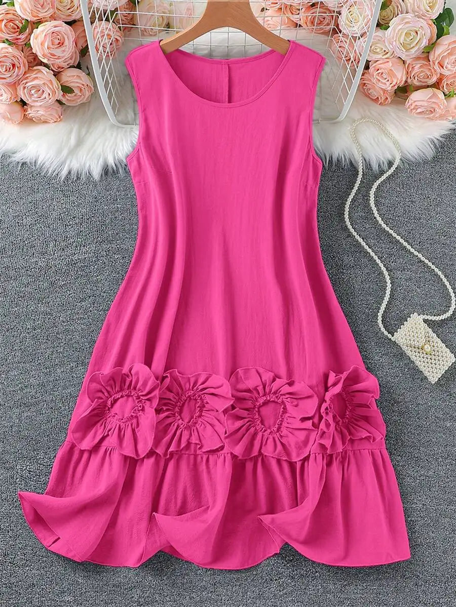 Sleeveless Round Neck Cotton Dress With 3D Floral Ruffles