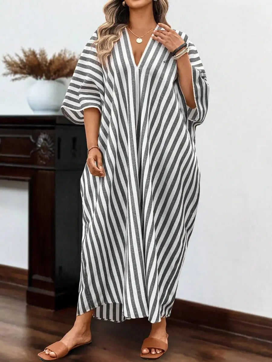 Loose Striped Linen V-Neck Batwing Sleeve Maxi Dress