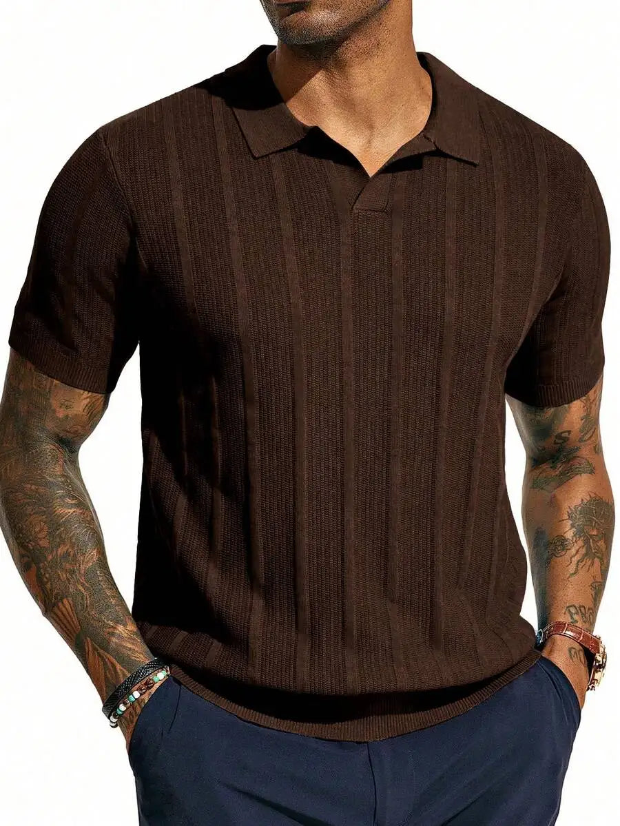 Men's Short-Sleeve Knitted Polo Shirt With Vertical Ribbed Texture