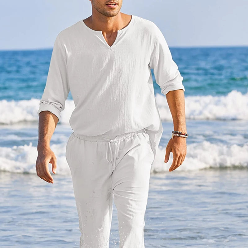 Men's Summer Loungewear Set Polyester Spandex Henley Shirt Pants