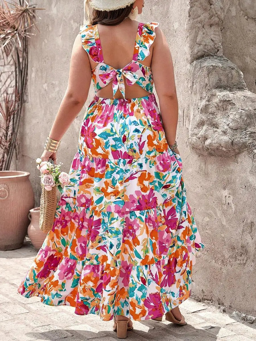 Boho Floral Tiered Backless Dress With Ruffle Straps For Summer Vacation