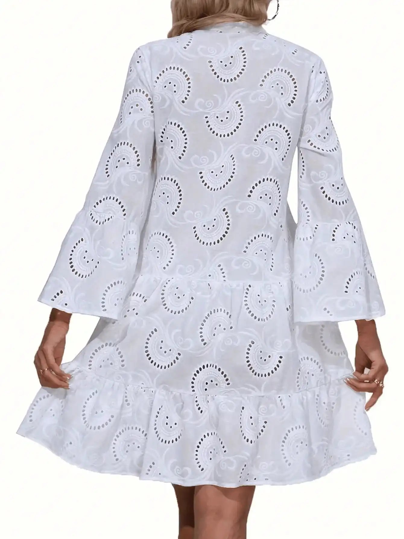 Eyelet Lace Puff Sleeve Tiered Dress For Beach Vacation And Daily Wear