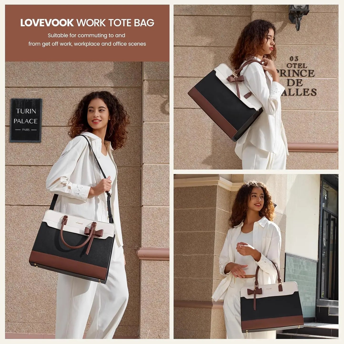 Waterproof PU Leather Laptop Tote for Women with Adjustable Strap