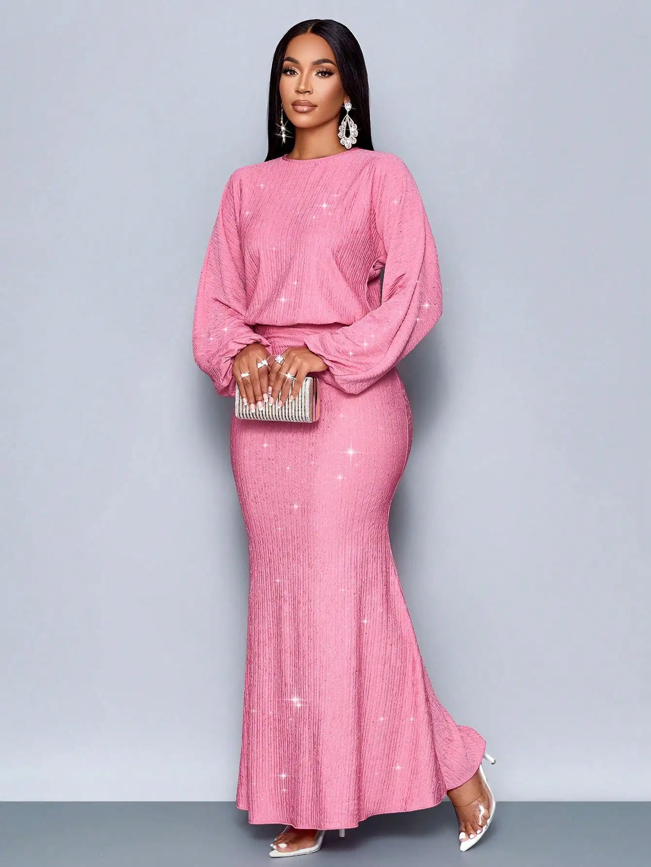 Mermaid Hem Bodycon Maxi Dress With Sequins And Puff Sleeves