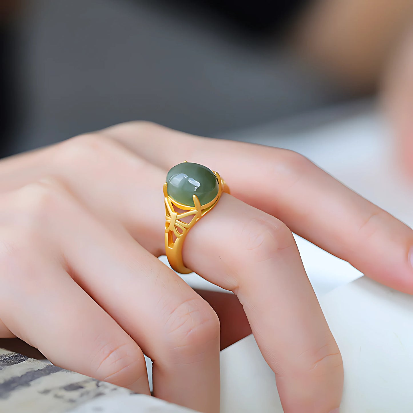 Sterling Silver Hotan Jade Geometric Ring For Women