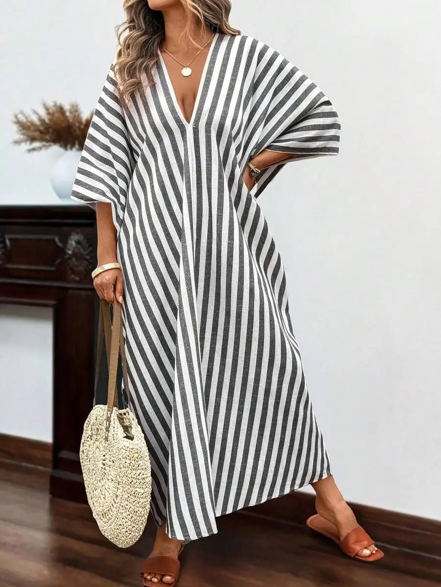 Loose Striped Linen V-Neck Batwing Sleeve Maxi Dress