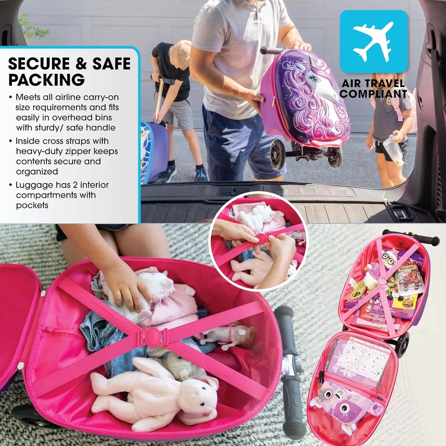 Kids Scooter Suitcase Hardside Carry-On With LED Wheels