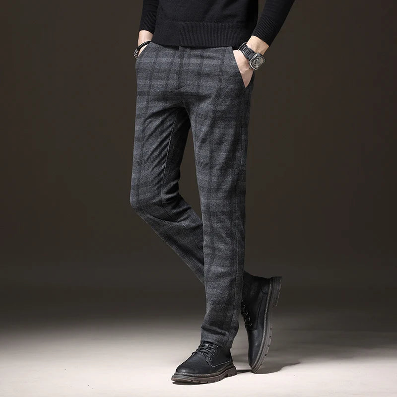 Men's Plaid Stretch Pants Regular Fit Casual Business Trousers