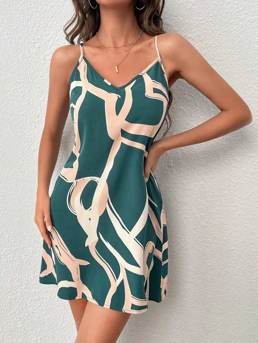Womens Loose VNeck Spaghetti Strap Dress With Abstract Print