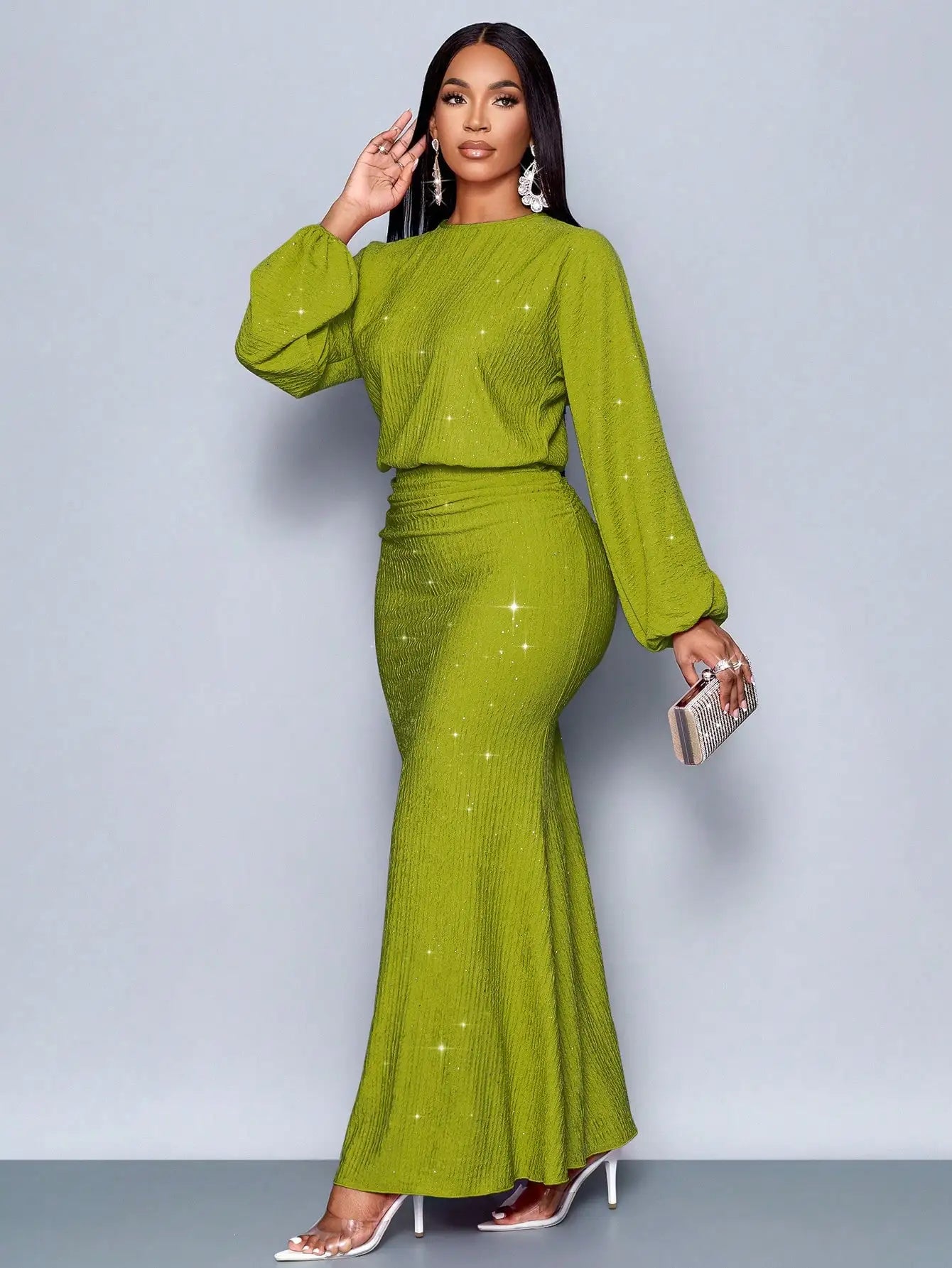 Mermaid Hem Bodycon Maxi Dress With Sequins And Puff Sleeves