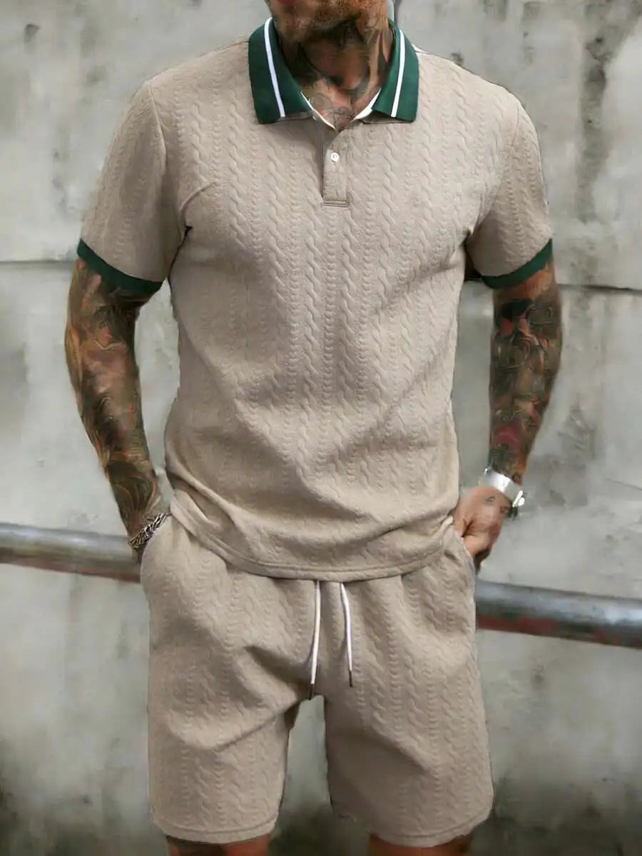 Mens Textured Half Zip Polo Shirt And Shorts Set Summer