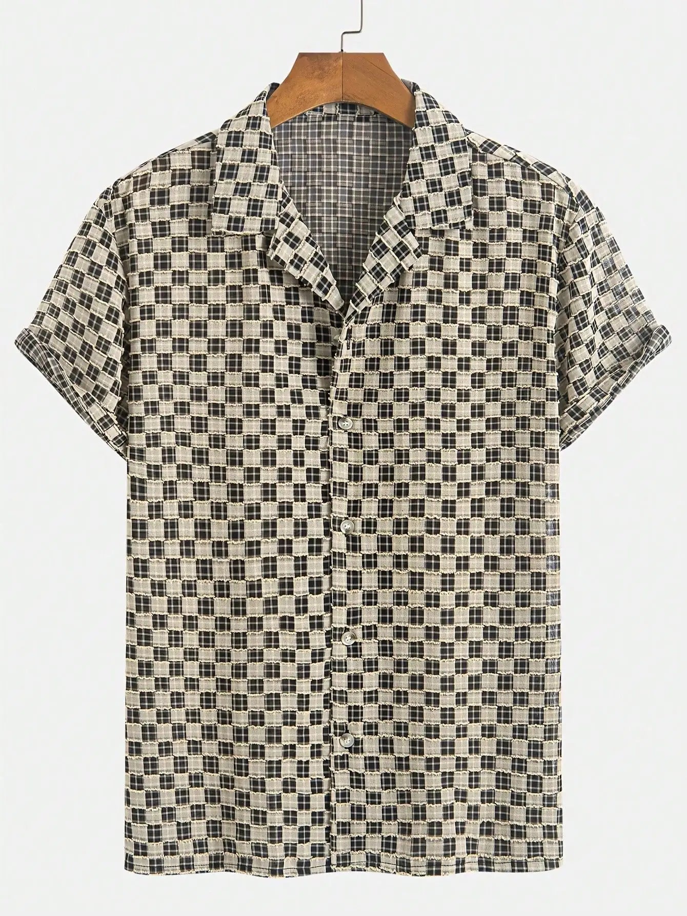 Men Short Sleeve Open Front Checkered Casual Shirt Lightweight Summer