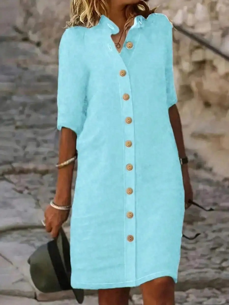 Button-Down Midi Dress With Mandarin Collar And Short Sleeves