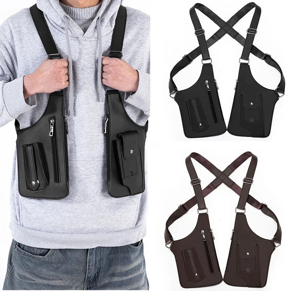 Mens Tactical Vest Bag PU Leather Phone Pouch Underarm Pack