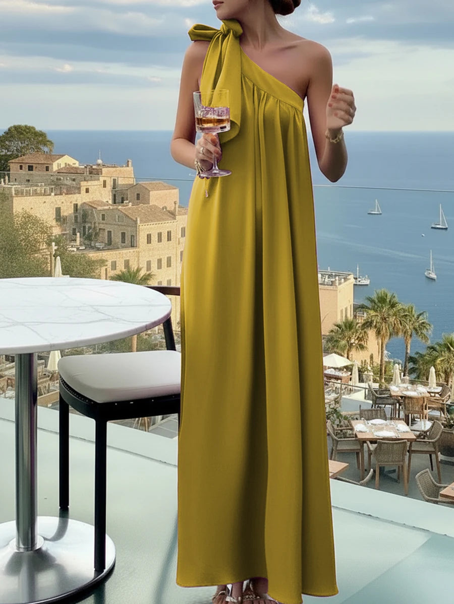 One-Shoulder Draped Maxi Dress For Evening And Resort Wear