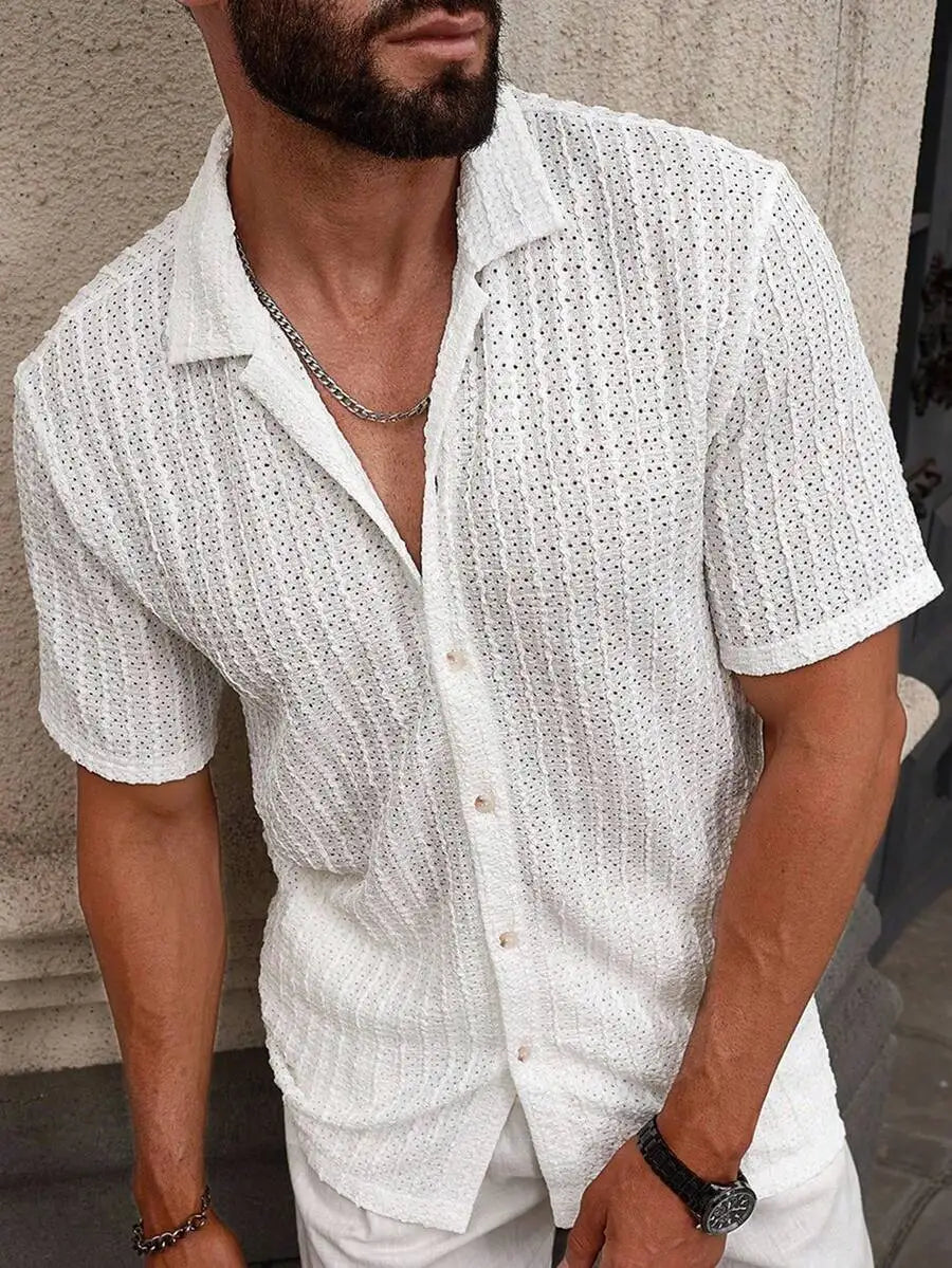 Men's Casual Short Sleeve Button-Down Shirt With Eyelet Texture