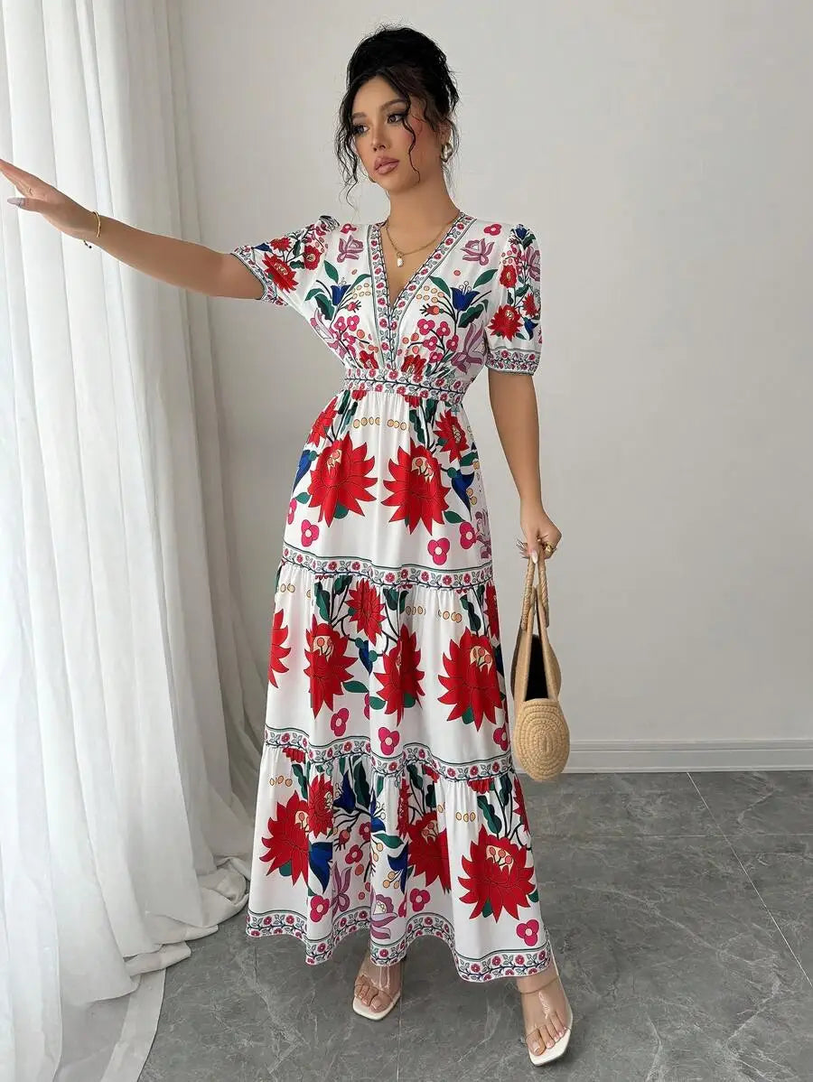 Floral V Neck Maxi Dress With Puff Sleeves For Holiday