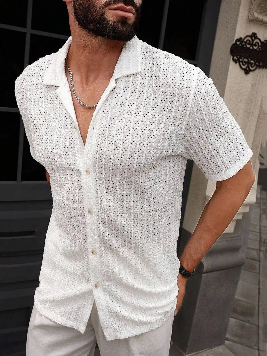 Men's Casual Short Sleeve Button-Down Shirt With Eyelet Texture